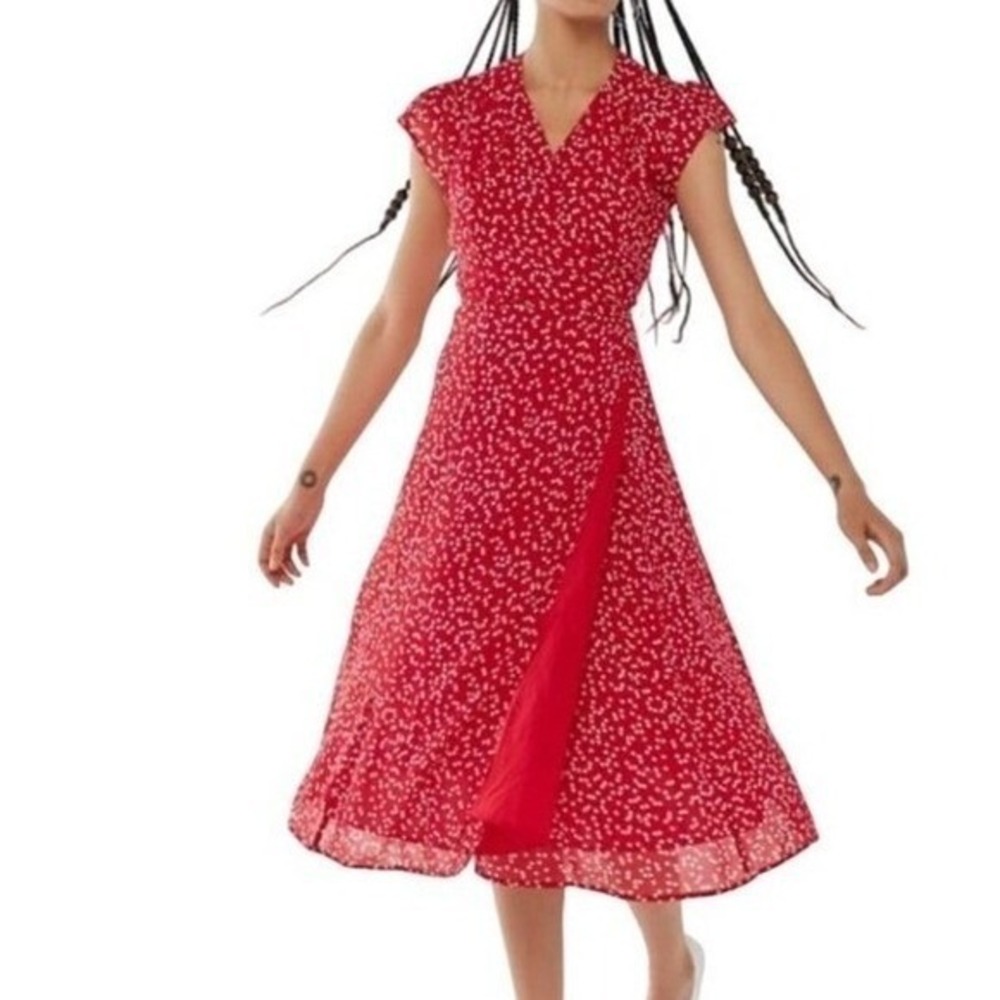Urban Outfitters Heart Polka‎ Dot Wrap Midi Dress XS Retro Flutter Sleeve Pinup